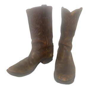 Justin Distressed Brown Leather Almond Toe Western Cowboy Boots Men's Size 9.5 D